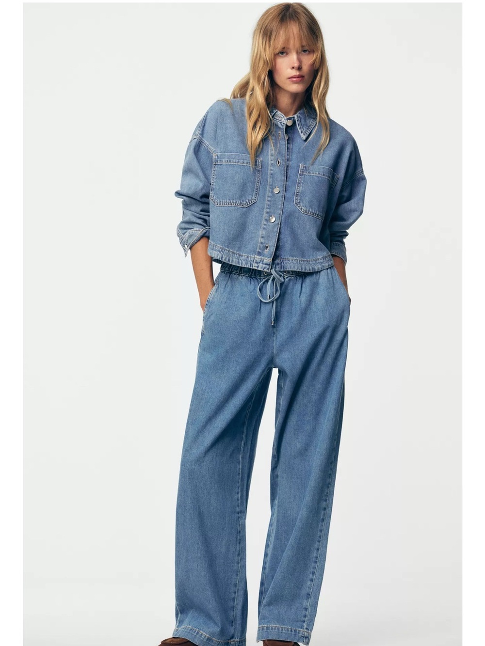 Zara Light Blue Denim Drawstring Wide-Leg Pants